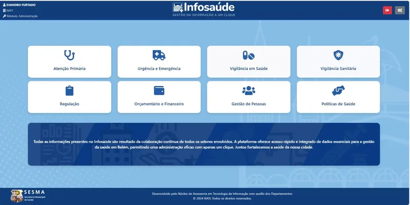 O portal está organizado em em sete ambientes: Atenção Primária; Vigilância Sanitária; Regulação em Saúde; Orçamento e Finanças; Urgência e Emergência; Gestão de Pessoas e Vigilância em Saúde 