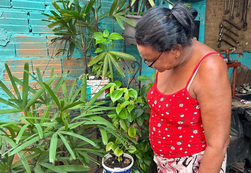 Lucilene Trindade mostra o quintal bem cuidado, que ajuda a manter a dengue longe da família dela.